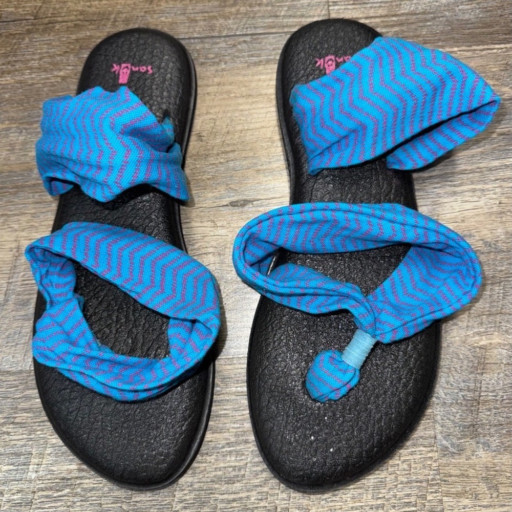 Sanuk Yoga Sling 2 Sandals Womens 8 Blue Pink Chevron Knit Strap Flip‎ Flops